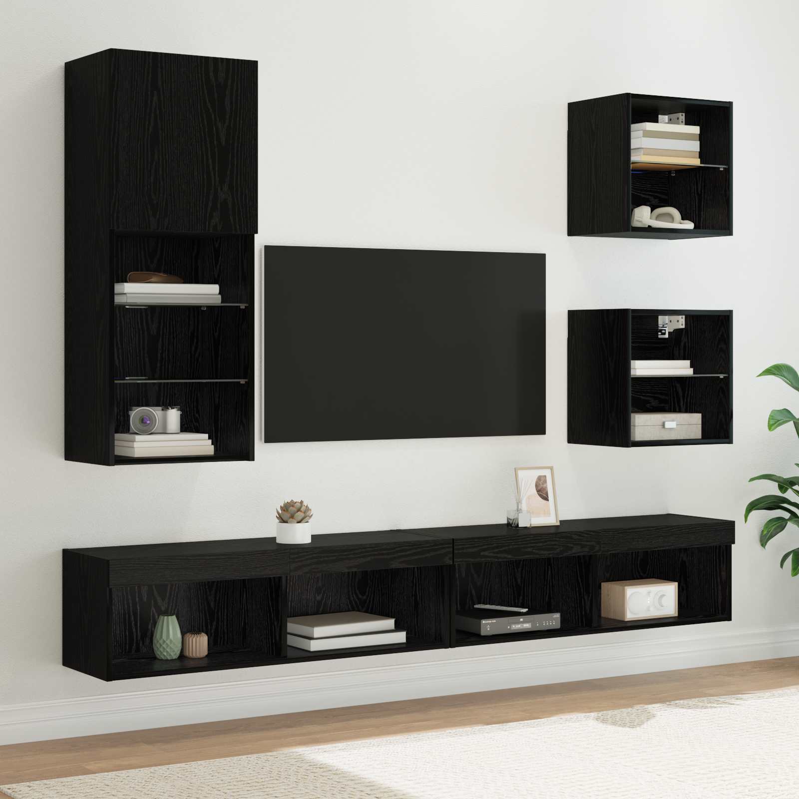 TV Wand Eenheden met LED 5 stuks Zwart Eiken Bewerkt hout