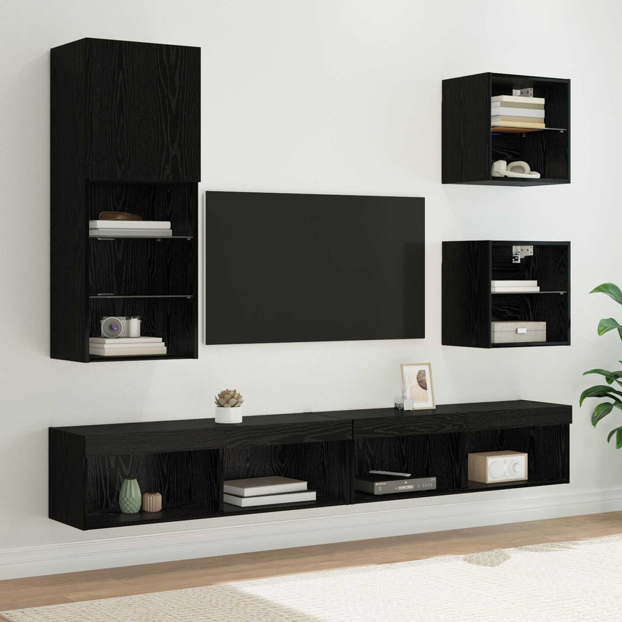TV Wand Eenheden met LED 5 stuks Zwart Eiken Bewerkt hout