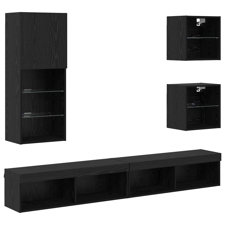 TV Wand Eenheden met LED 5 stuks Zwart Eiken Bewerkt hout