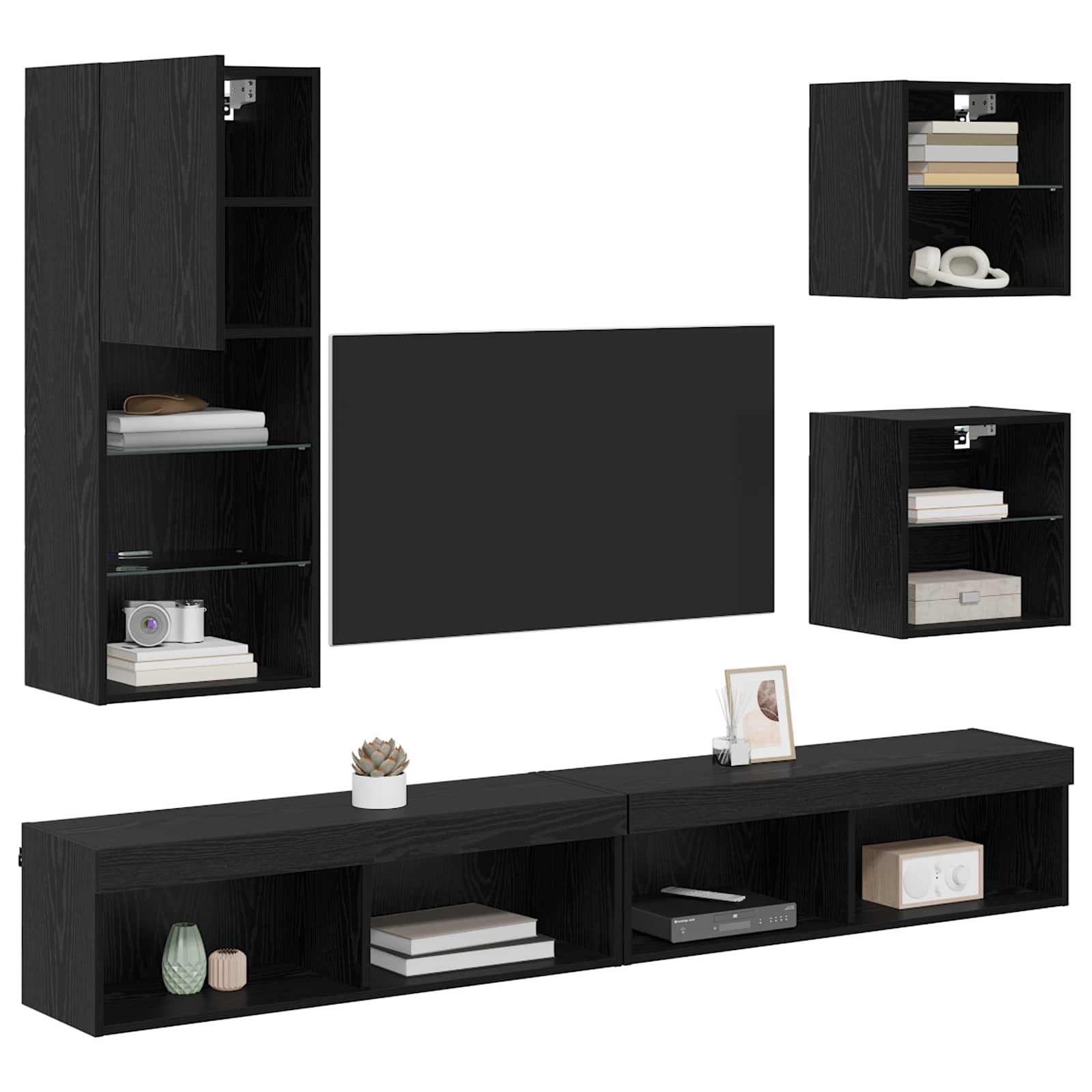 TV Wand Eenheden met LED 5 stuks Zwart Eiken Bewerkt hout