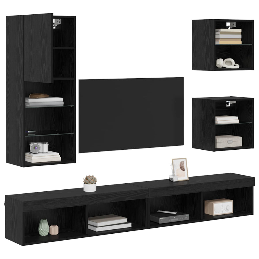 TV Wand Eenheden met LED 5 stuks Zwart Eiken Bewerkt hout