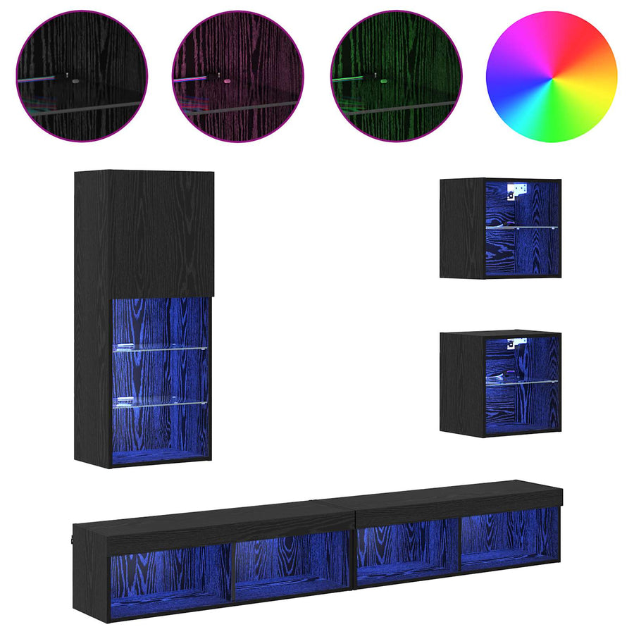 TV Wand Eenheden met LED 5 stuks Zwart Eiken Bewerkt hout