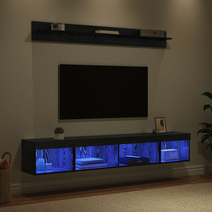 TV Wandkast Set with LED String Lights 5 pcs Zwart Eiken Bewerkt hout