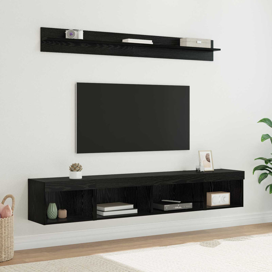 TV Wandkast Set with LED String Lights 5 pcs Zwart Eiken Bewerkt hout