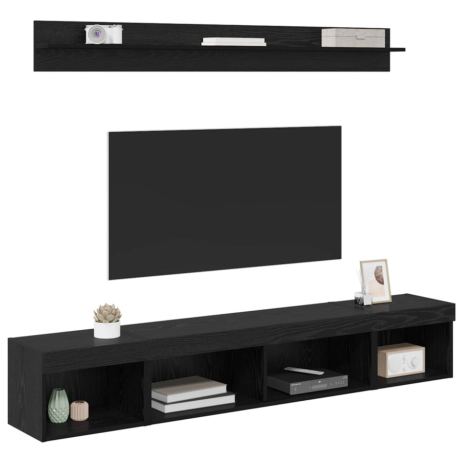 TV Wandkast Set with LED String Lights 5 pcs Zwart Eiken Bewerkt hout