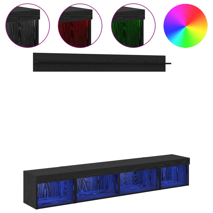 TV Wandkast Set with LED String Lights 5 pcs Zwart Eiken Bewerkt hout