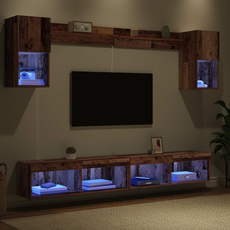 TV Wand Eenheden met LED Wandgemonteerd 6 pcs Oudhout Bewerkt hout