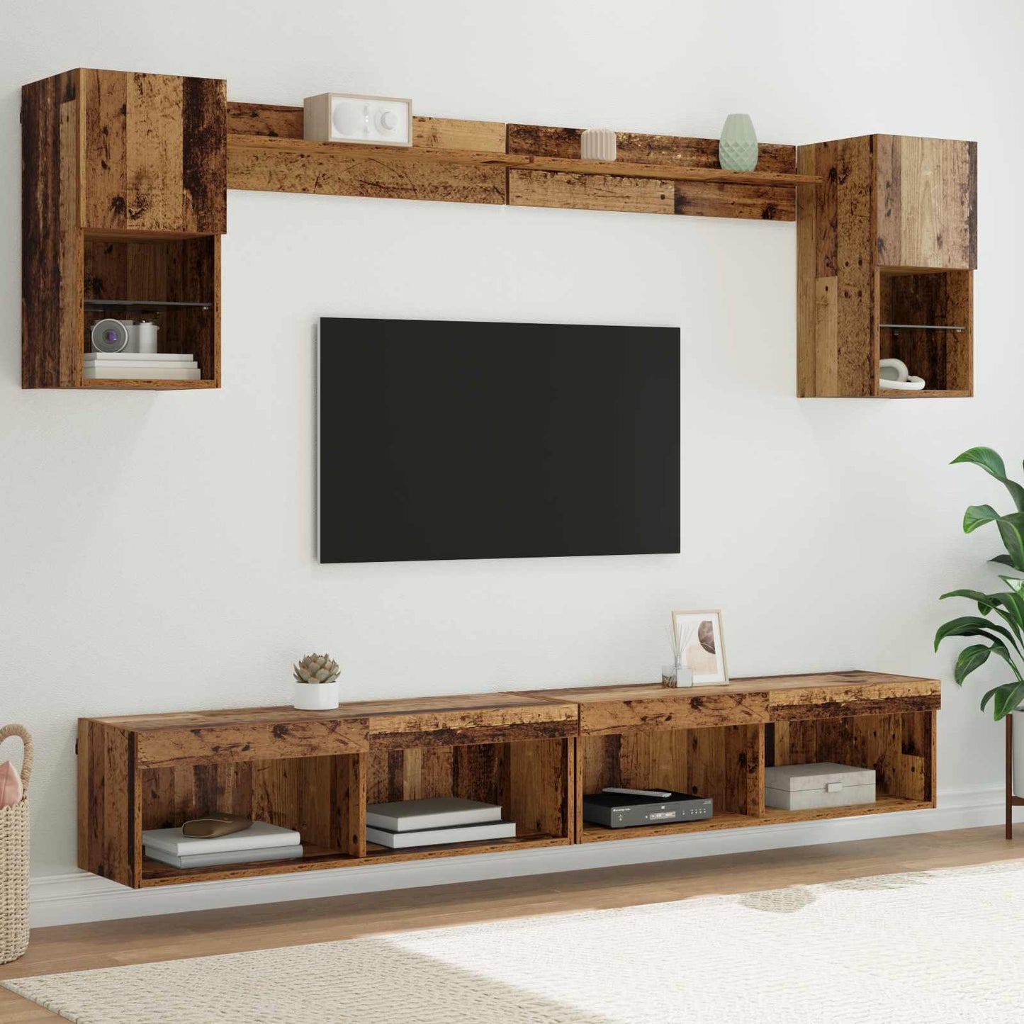 TV Wand Eenheden met LED Wandgemonteerd 6 pcs Oudhout Bewerkt hout