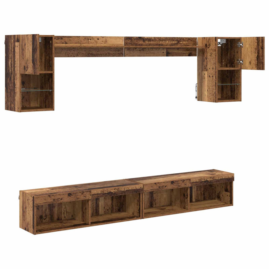 TV Wand Eenheden met LED Wandgemonteerd 6 pcs Oudhout Bewerkt hout