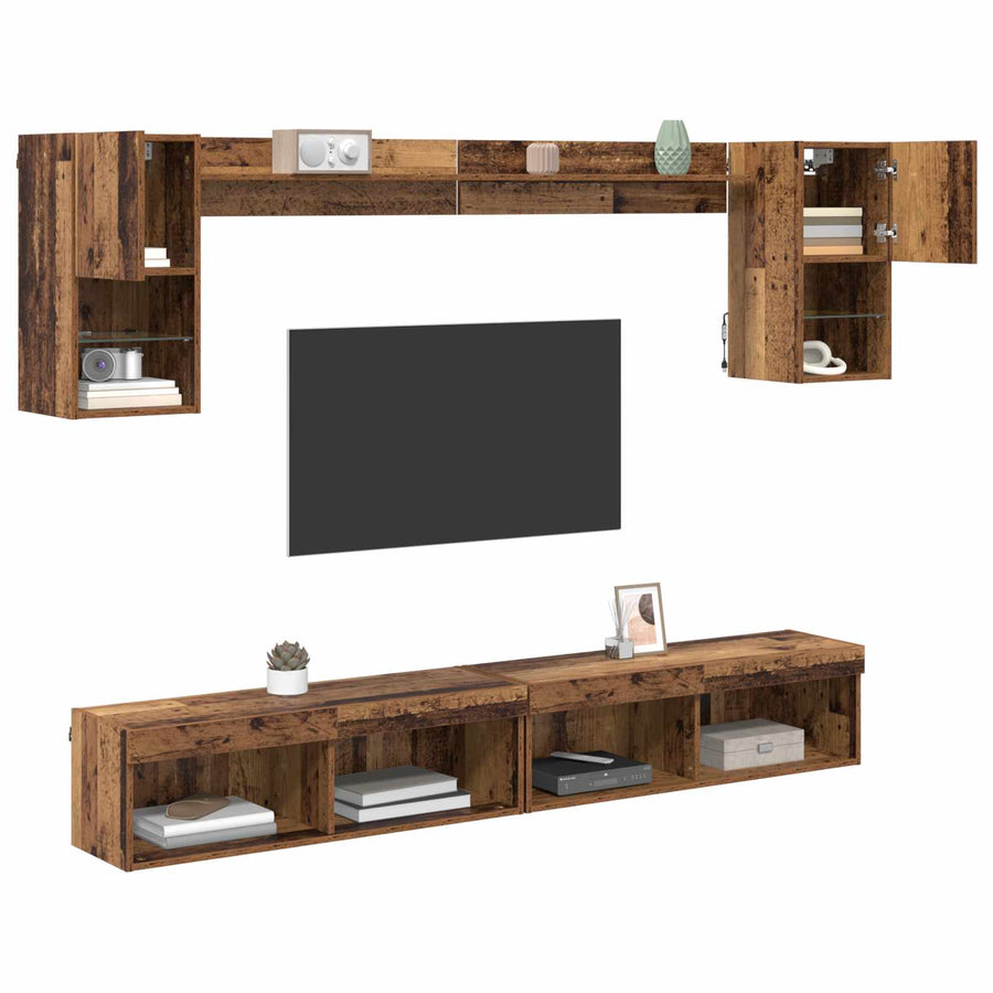 TV Wand Eenheden met LED Wandgemonteerd 6 pcs Oudhout Bewerkt hout