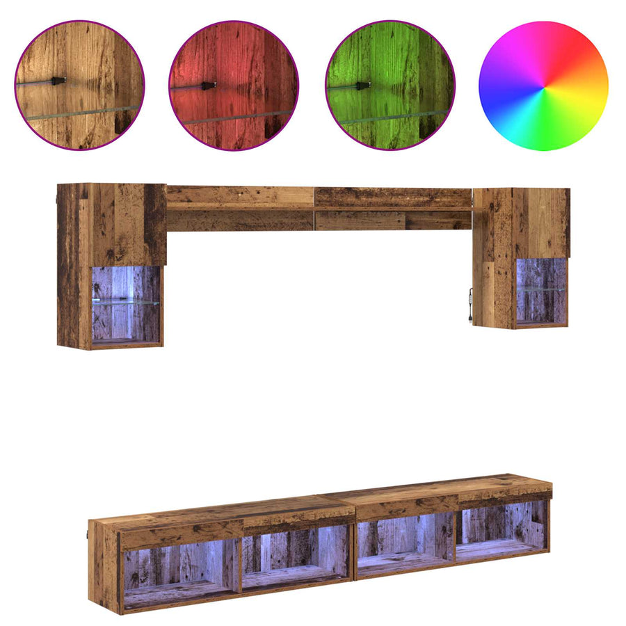 TV Wand Eenheden met LED Wandgemonteerd 6 pcs Oudhout Bewerkt hout