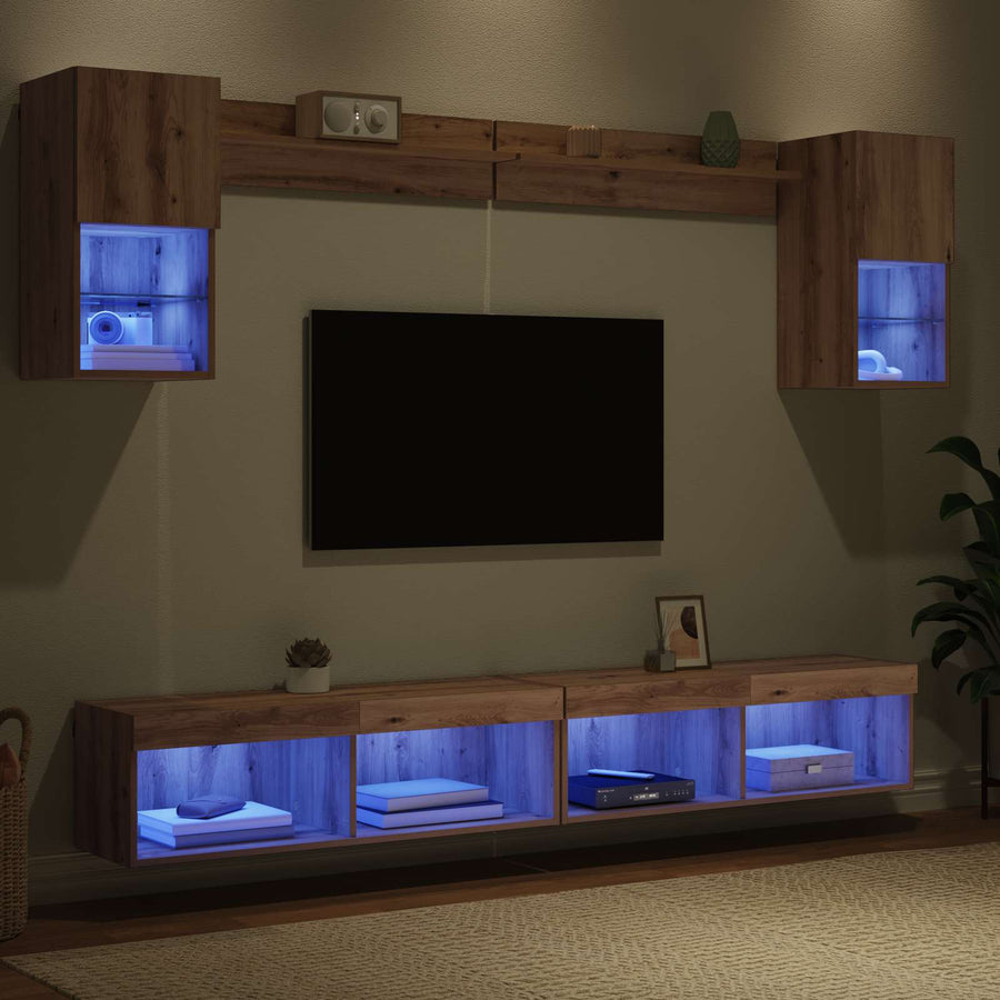 TV Wand Eenheden met LED 6 pcs Artisan Eiken Bewerkt hout