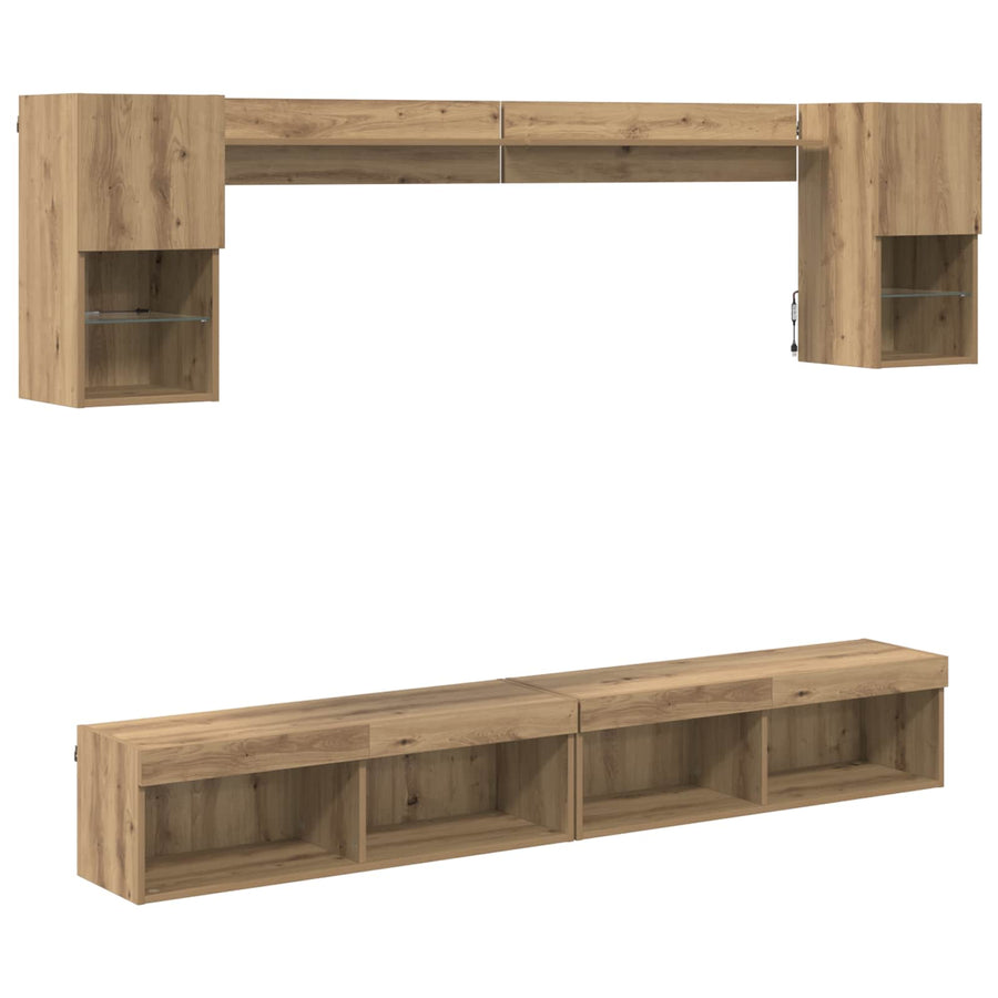 TV Wand Eenheden met LED 6 pcs Artisan Eiken Bewerkt hout