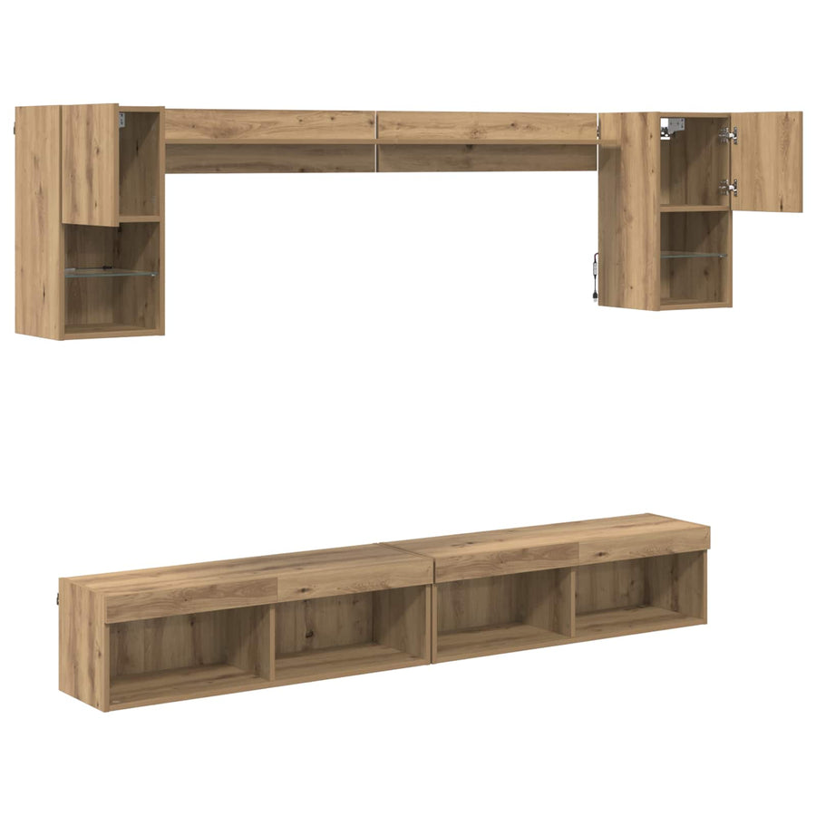 TV Wand Eenheden met LED 6 pcs Artisan Eiken Bewerkt hout