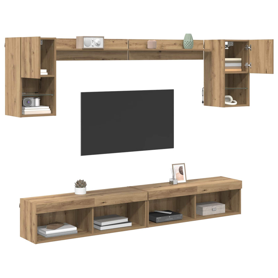 TV Wand Eenheden met LED 6 pcs Artisan Eiken Bewerkt hout