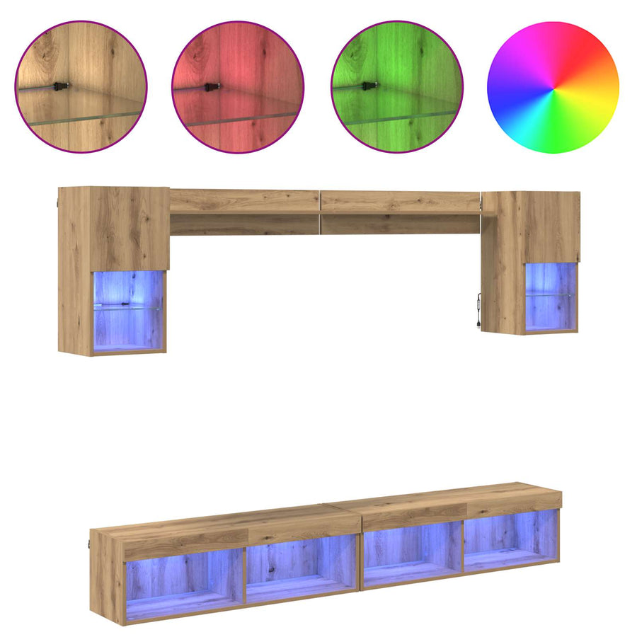 TV Wand Eenheden met LED 6 pcs Artisan Eiken Bewerkt hout