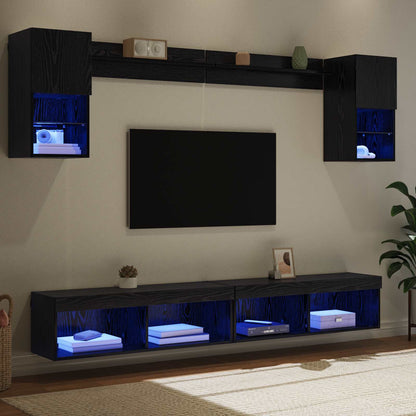 TV Wand Eenheden met LED 6 pcs Zwart Eiken Bewerkt hout