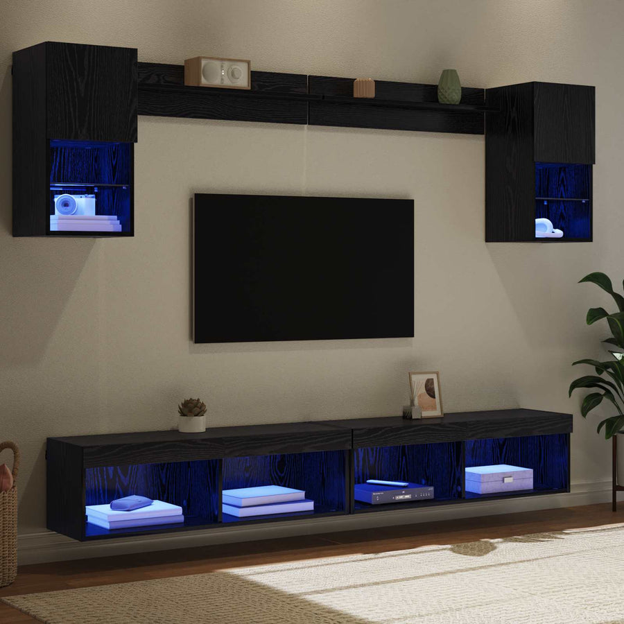 TV Wand Eenheden met LED 6 pcs Zwart Eiken Bewerkt hout