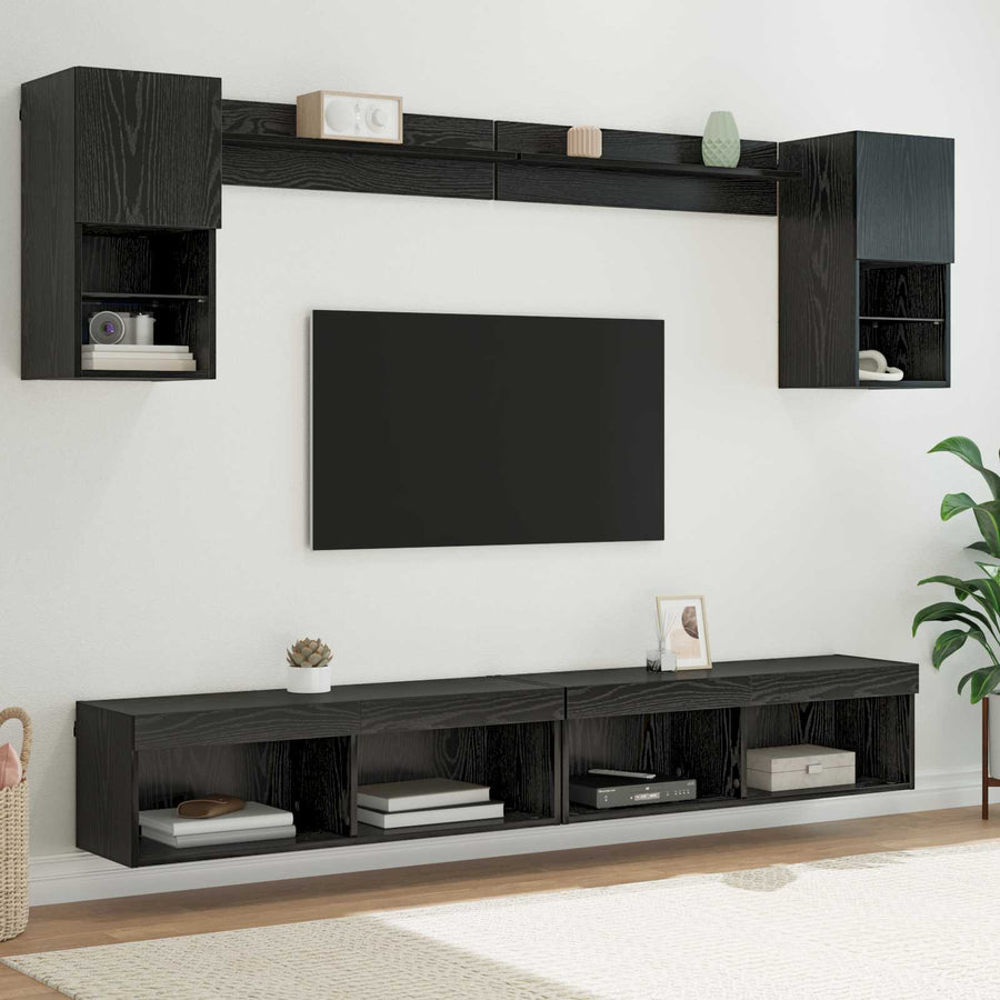 TV Wand Eenheden met LED 6 pcs Zwart Eiken Bewerkt hout