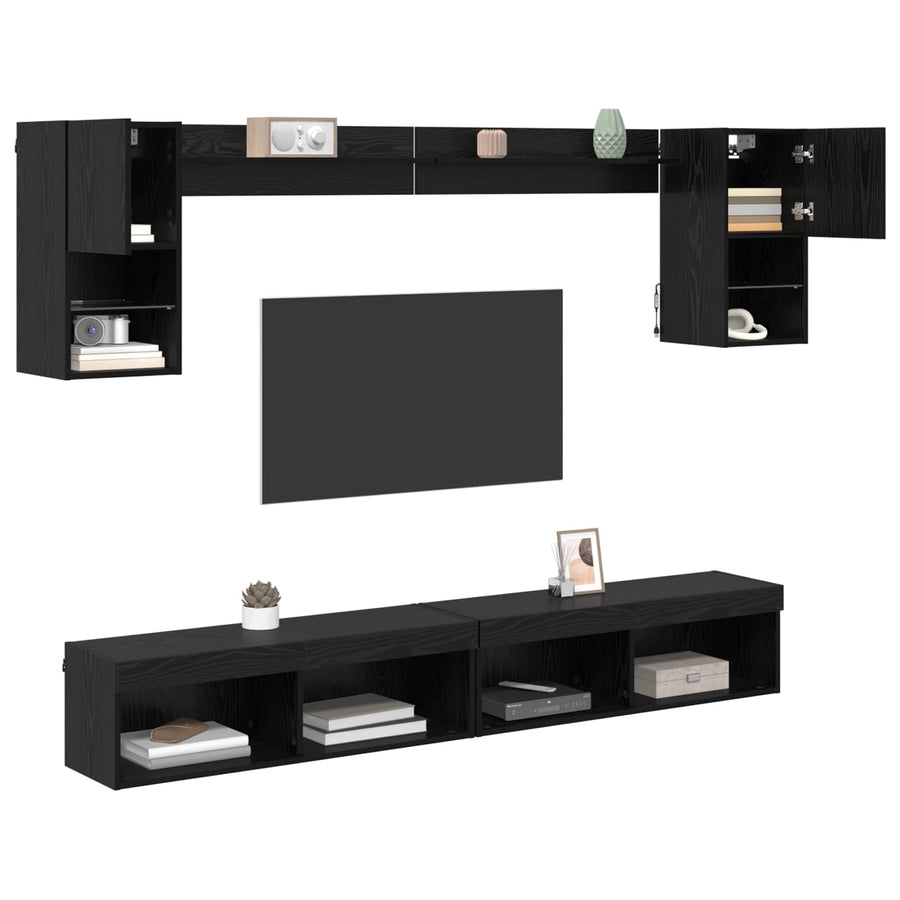 TV Wand Eenheden met LED 6 pcs Zwart Eiken Bewerkt hout