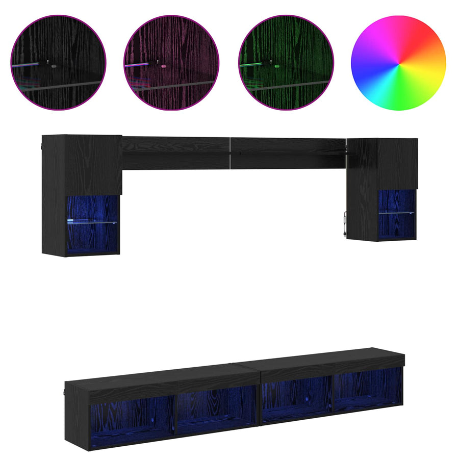 TV Wand Eenheden met LED 6 pcs Zwart Eiken Bewerkt hout