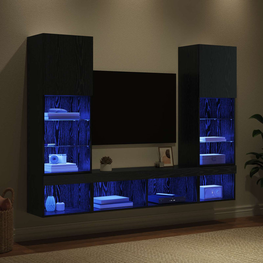 TV Wand Eenheden met LED 5 stuks Zwart Eiken 40,5 x 30 x 102 cm