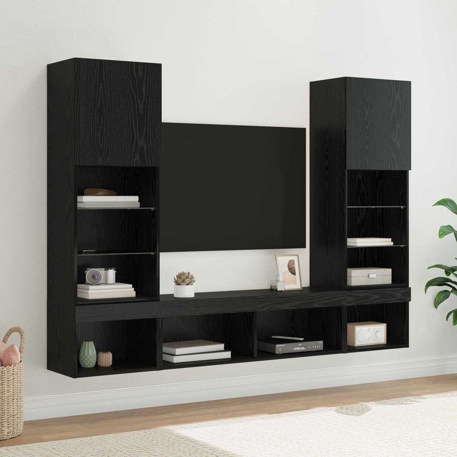 TV Wand Eenheden met LED 5 stuks Zwart Eiken 40,5 x 30 x 102 cm