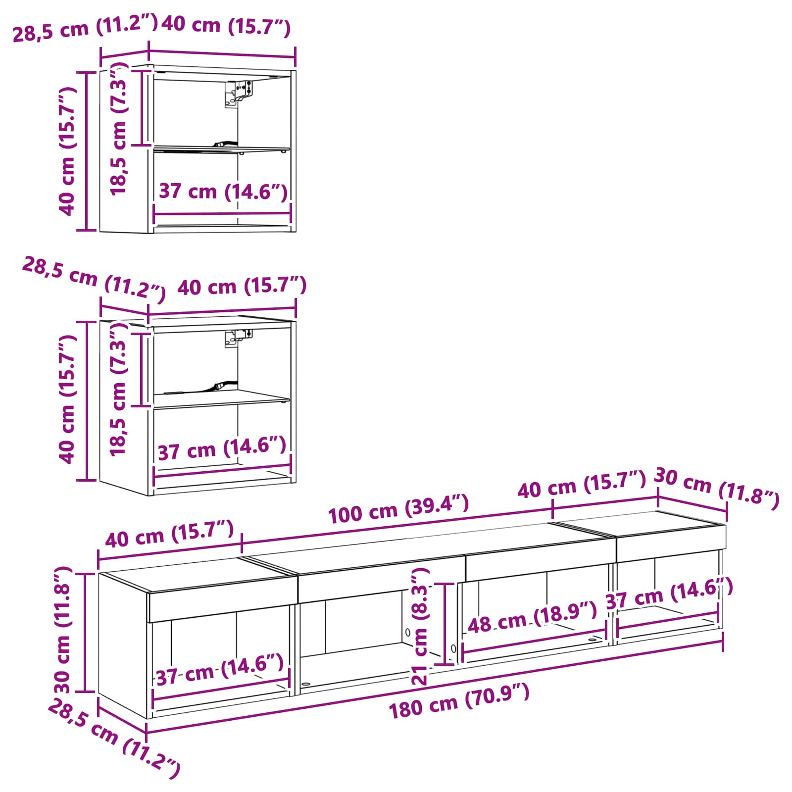 TV Wand Eenheden met LED 5 stuks Artisan Eiken 100 x 30 x 30 cm