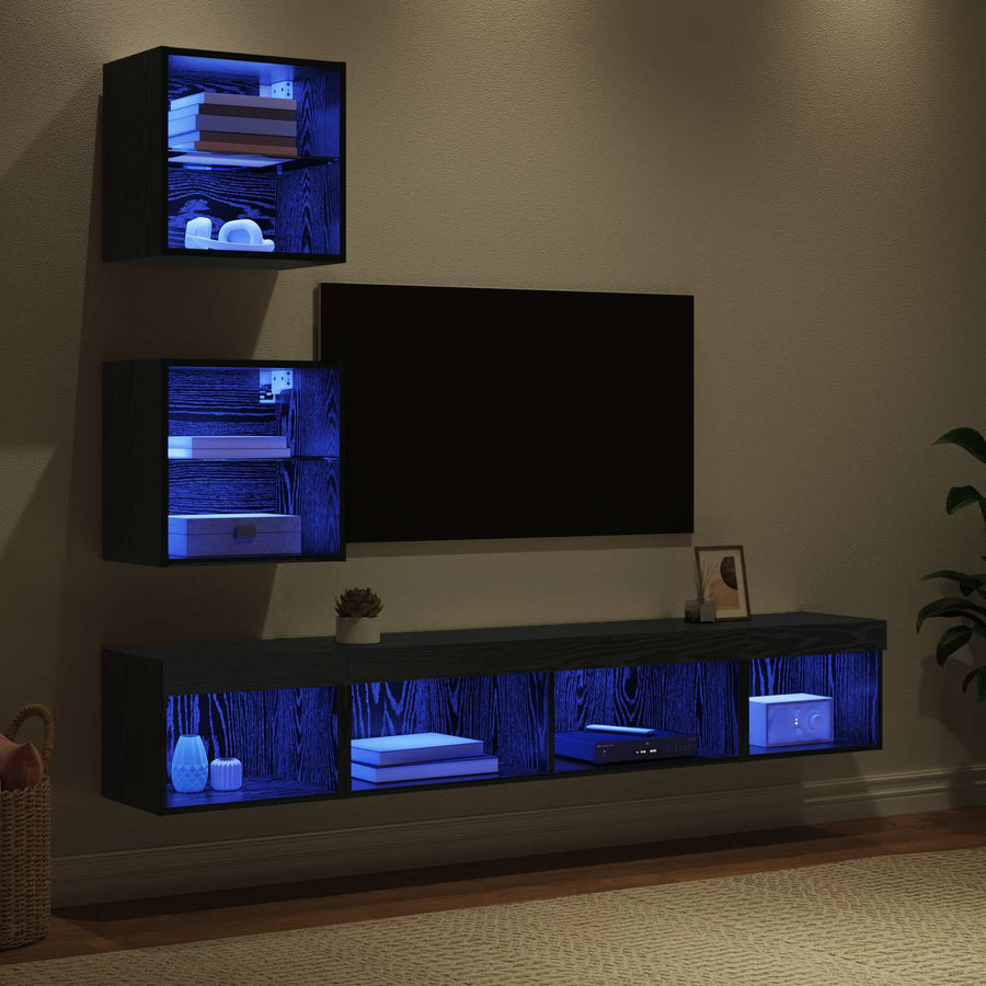 TV Wand Eenheden met LED 5 stuks Zwart Eiken 100 x 30 x 30 cm