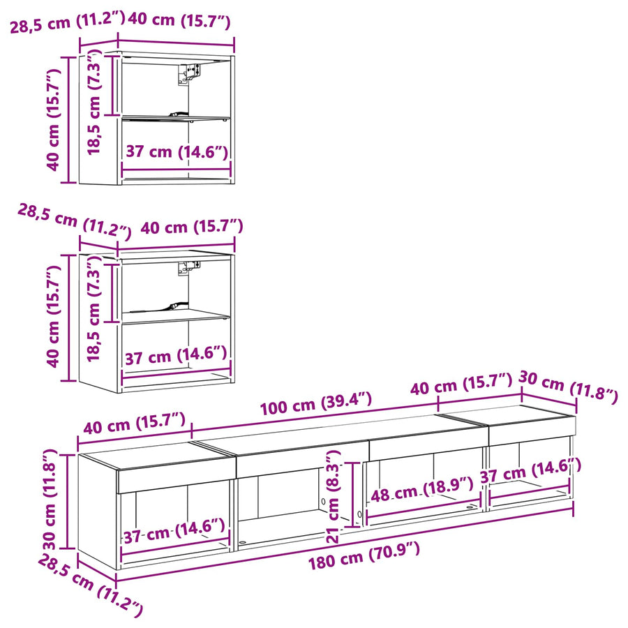 TV Wand Eenheden met LED 5 stuks Zwart Eiken 100 x 30 x 30 cm