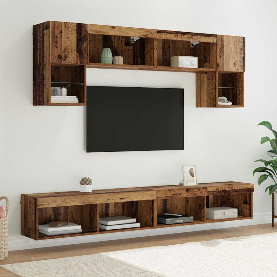 TV Wand Eenheden met LED 6 pcs Oud Hout Bewerkt hout