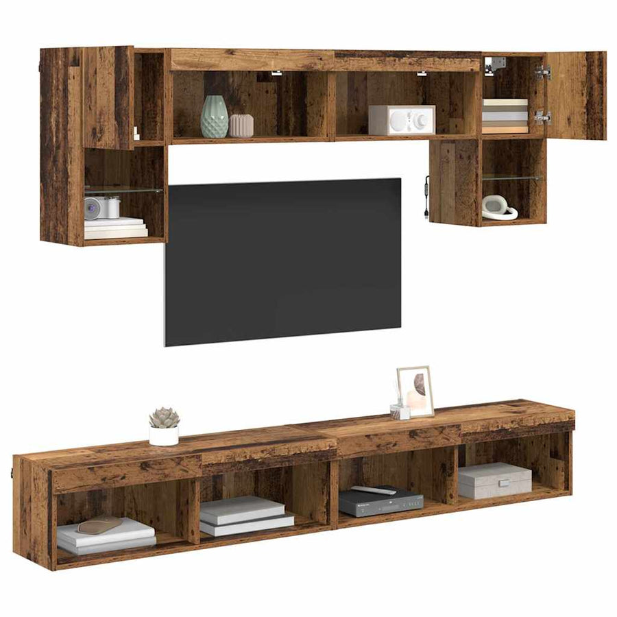 TV Wand Eenheden met LED 6 pcs Oud Hout Bewerkt hout