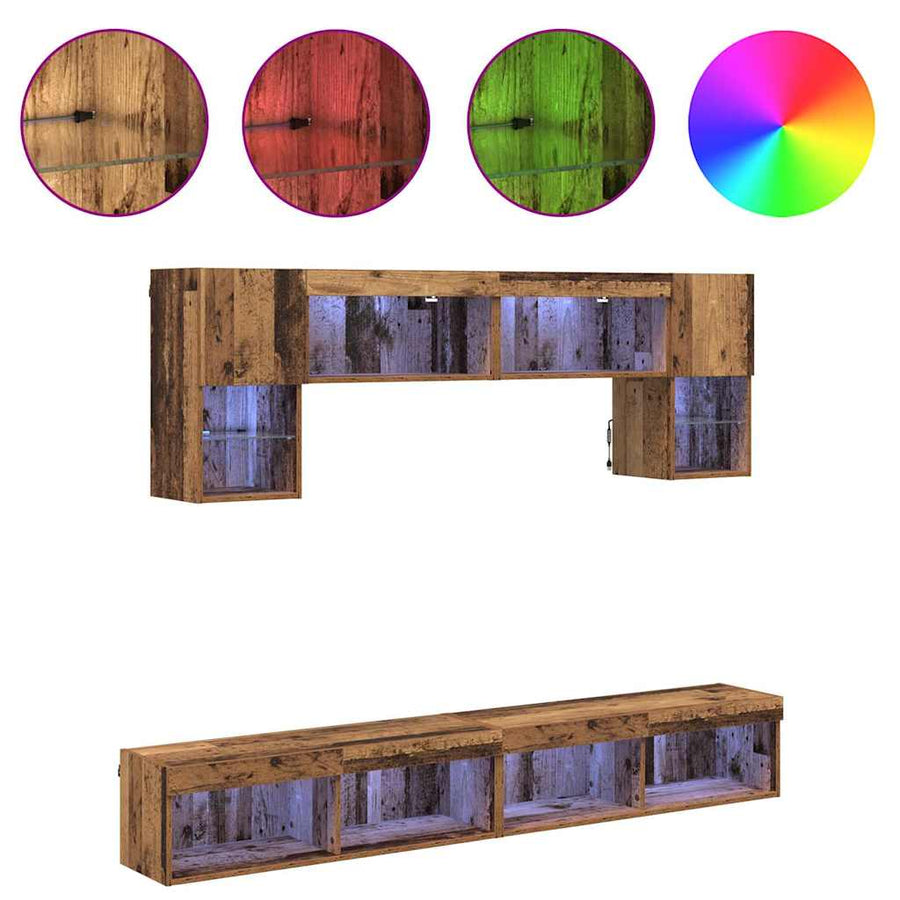 TV Wand Eenheden met LED 6 pcs Oud Hout Bewerkt hout