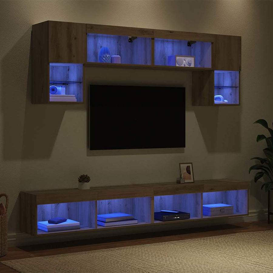 TV Wand Eenheden met LED 6 pcs Artisan Eiken Bewerkt hout