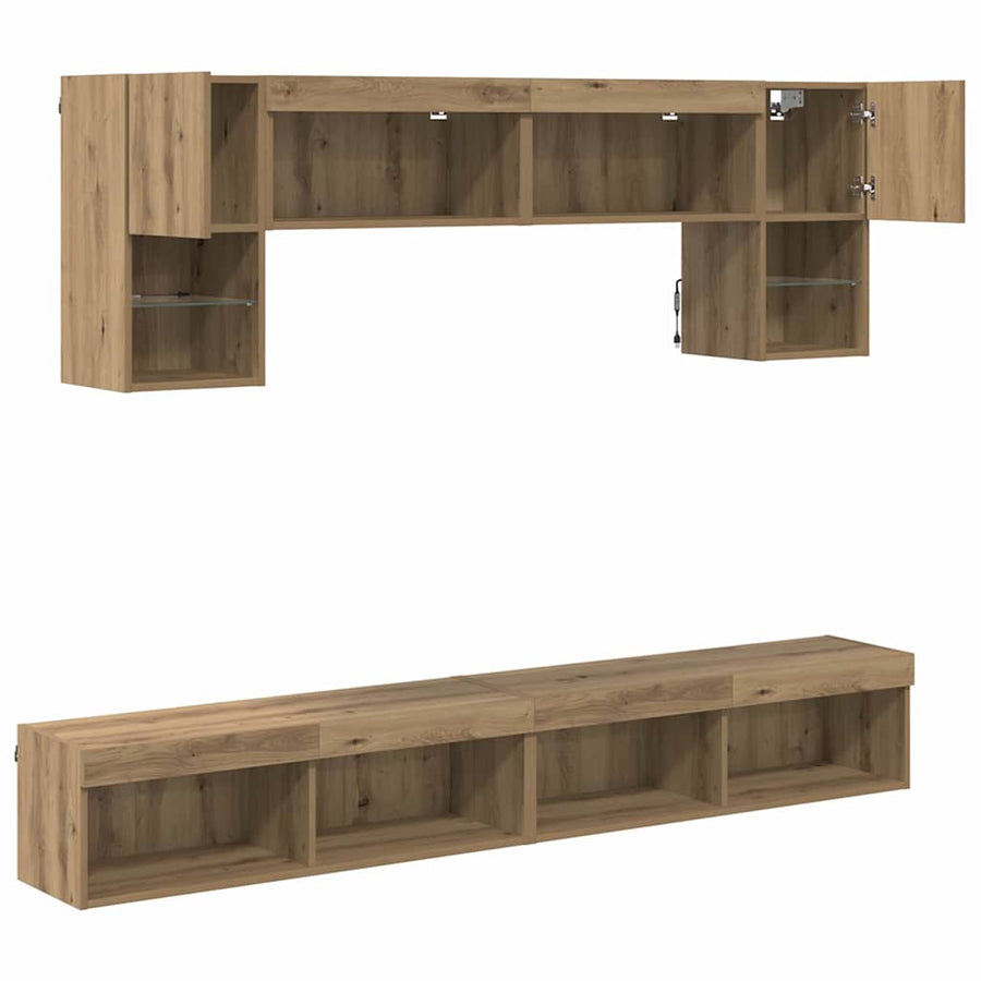 TV Wand Eenheden met LED 6 pcs Artisan Eiken Bewerkt hout