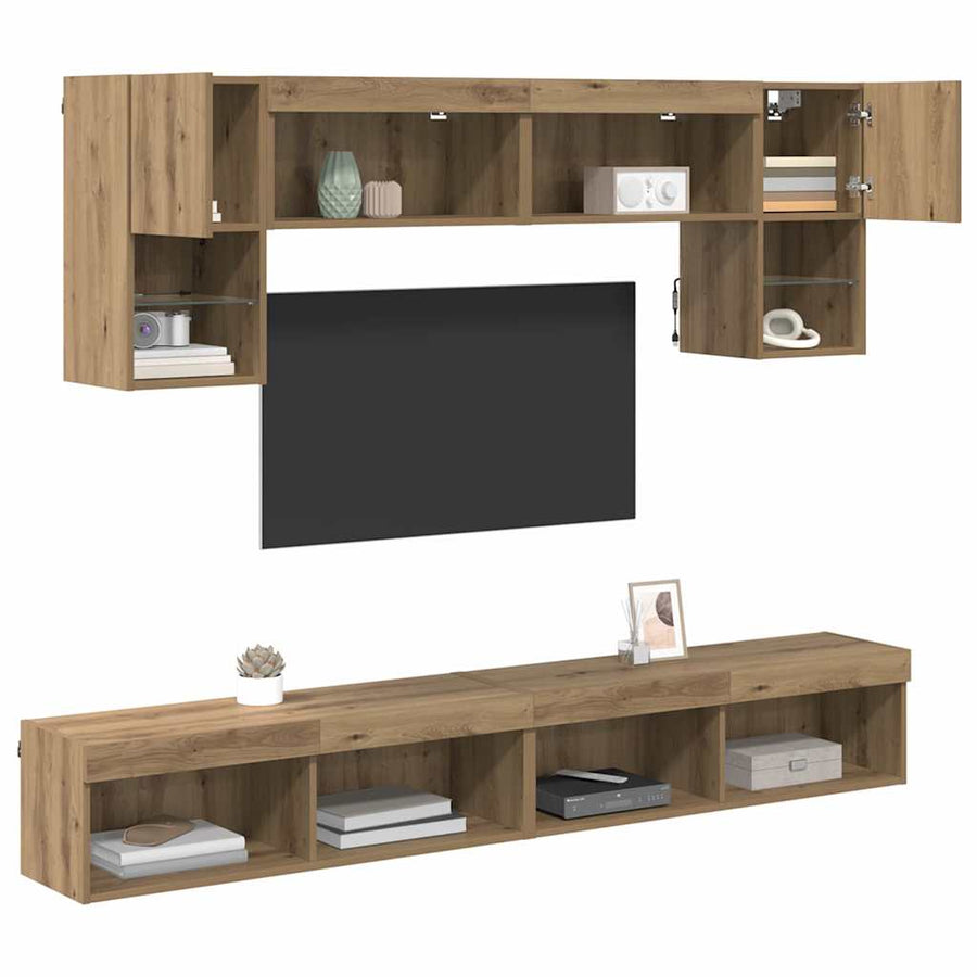 TV Wand Eenheden met LED 6 pcs Artisan Eiken Bewerkt hout