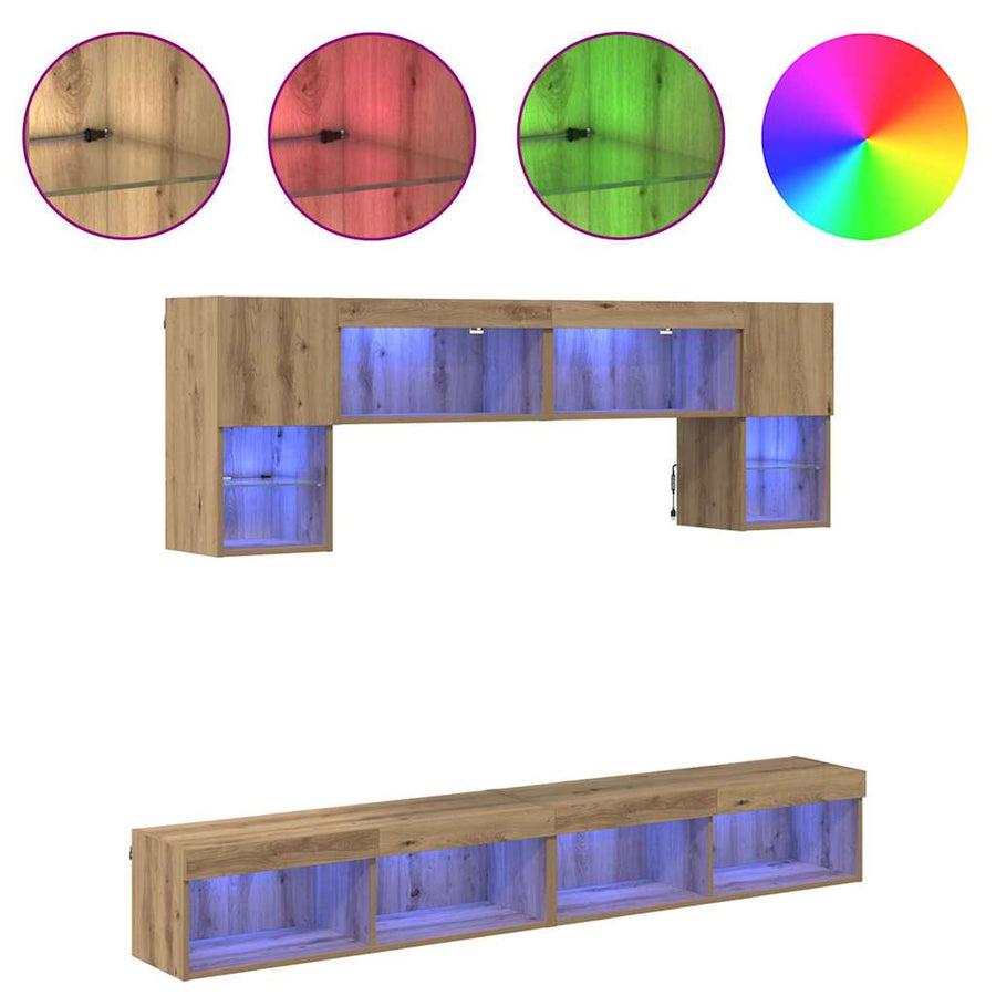 TV Wand Eenheden met LED 6 pcs Artisan Eiken Bewerkt hout