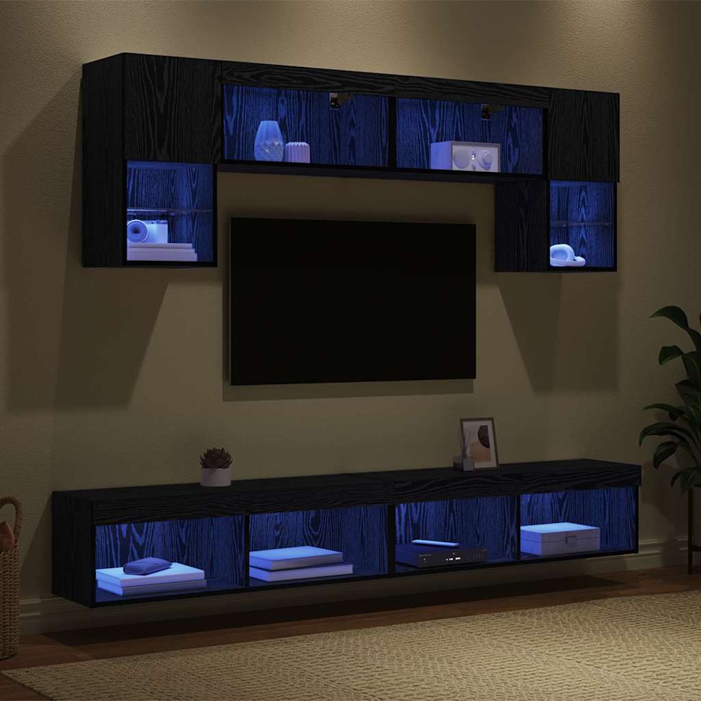 TV Wand Eenheden met LED 6 pcs Zwart Eiken Bewerkt hout