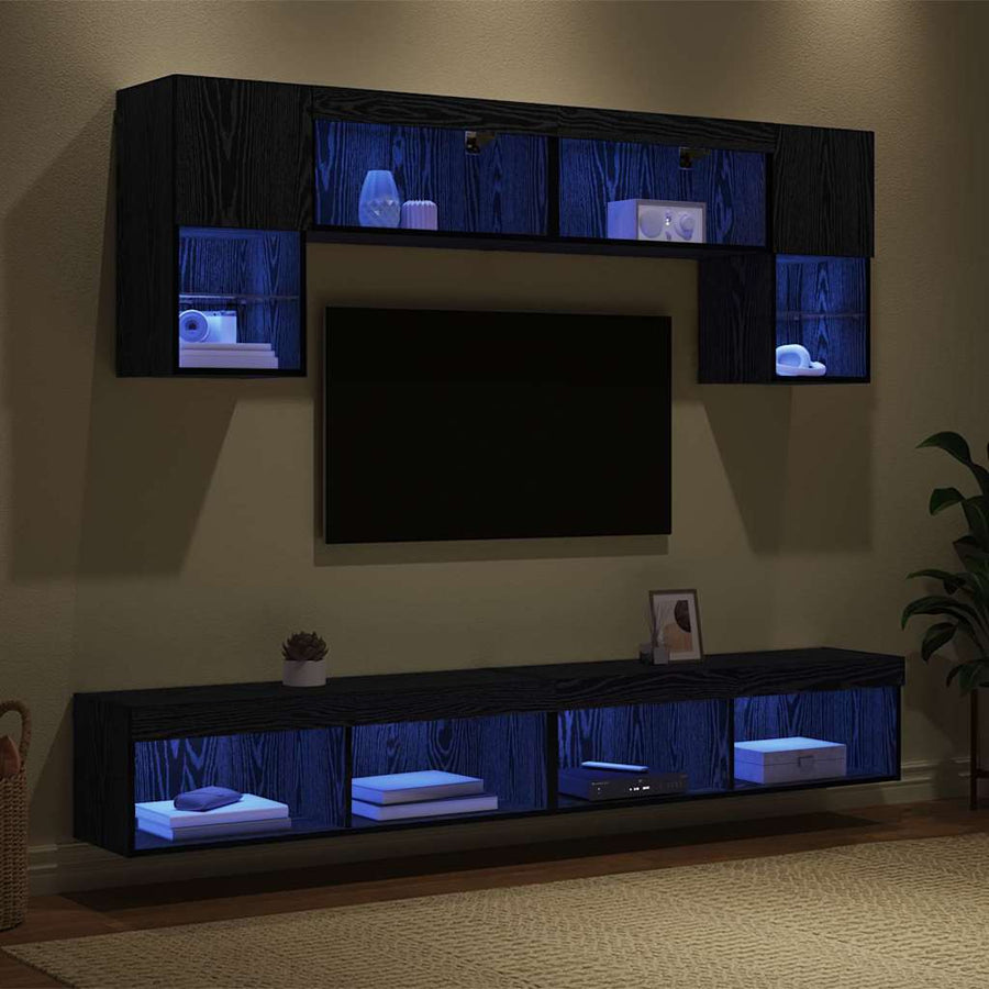 TV Wand Eenheden met LED 6 pcs Zwart Eiken Bewerkt hout