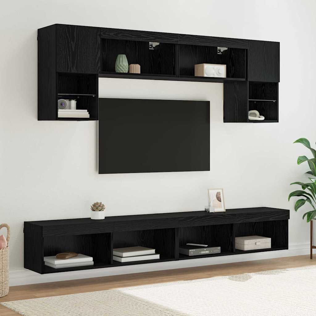 TV Wand Eenheden met LED 6 pcs Zwart Eiken Bewerkt hout