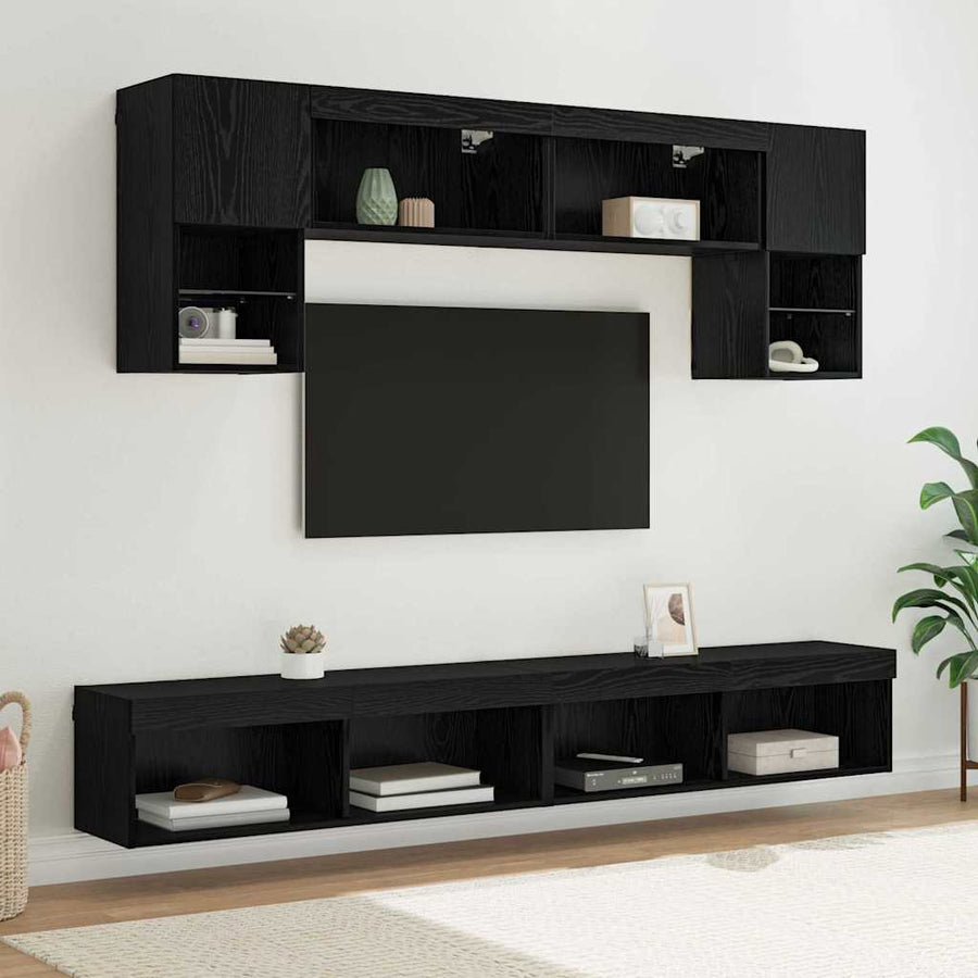 TV Wand Eenheden met LED 6 pcs Zwart Eiken Bewerkt hout