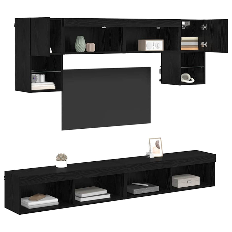 TV Wand Eenheden met LED 6 pcs Zwart Eiken Bewerkt hout