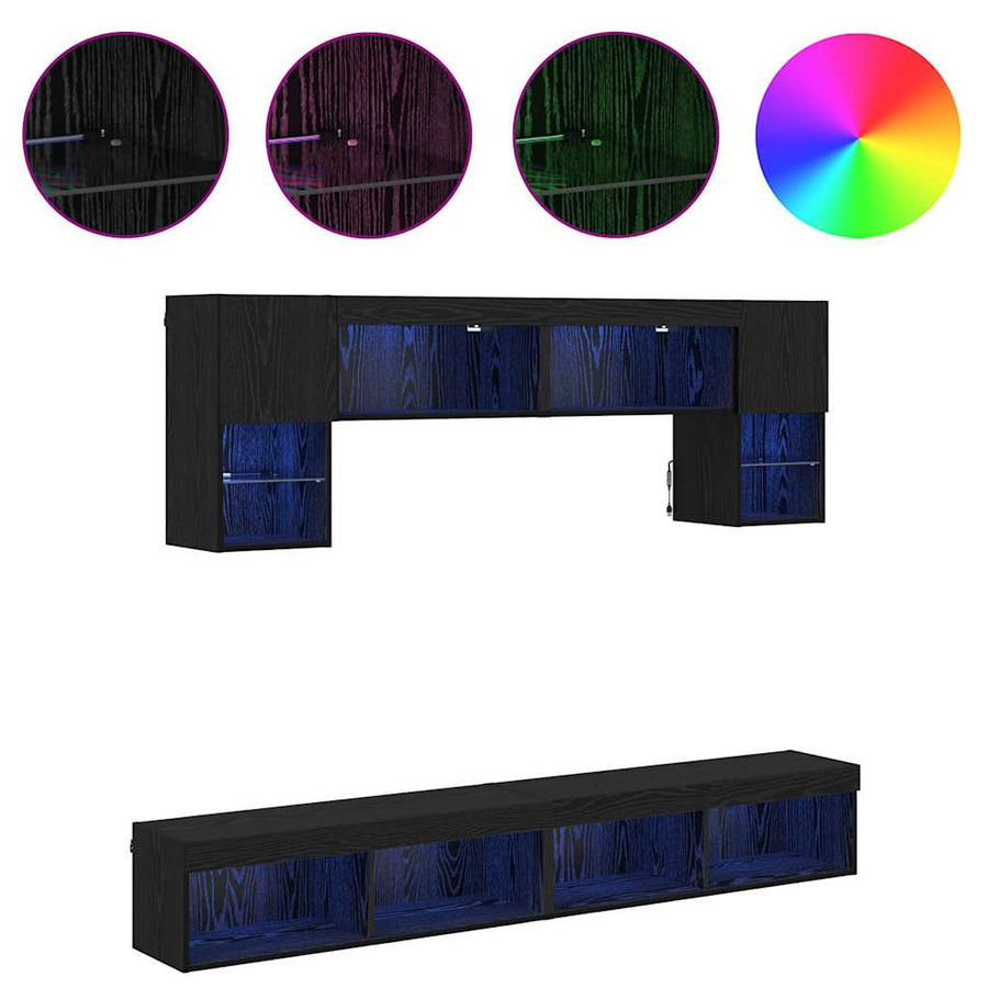 TV Wand Eenheden met LED 6 pcs Zwart Eiken Bewerkt hout