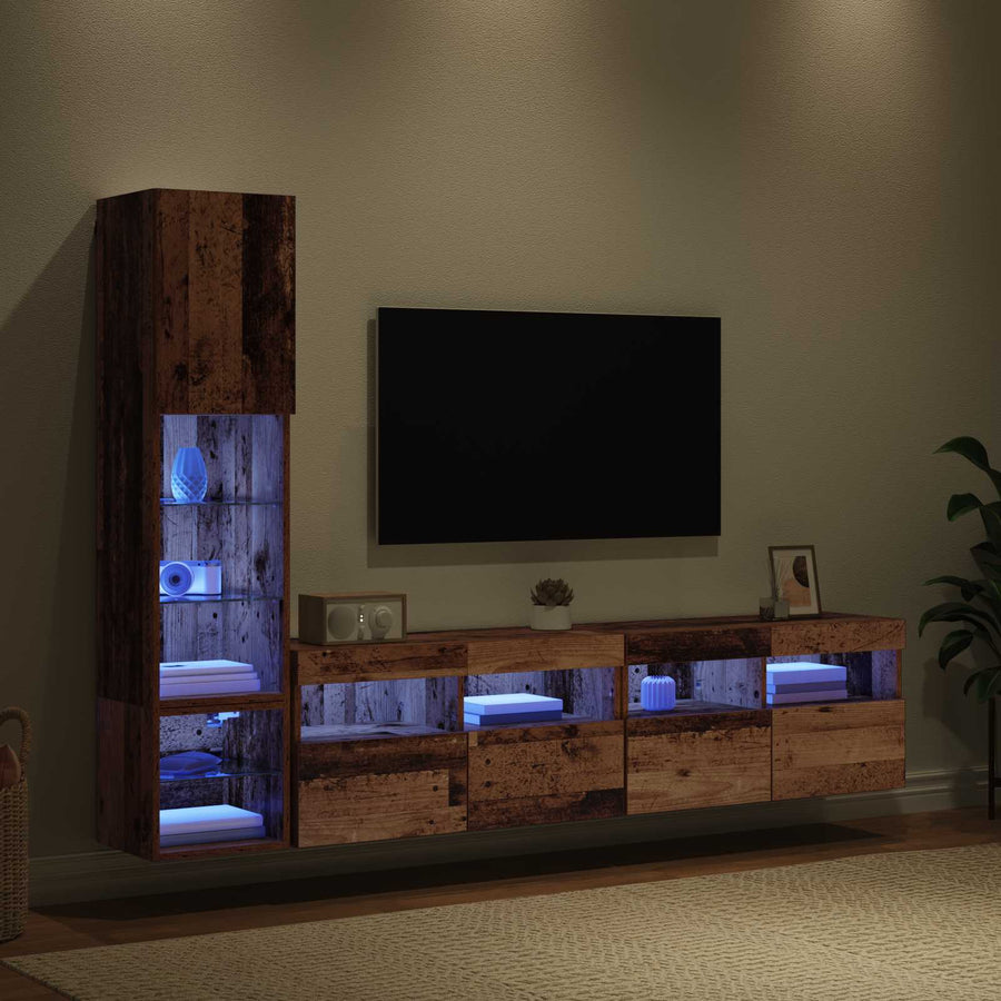 Tv-Wandmeubel Met Led-Striplichten 4 Pcs Oudhout Bewerkt Hout