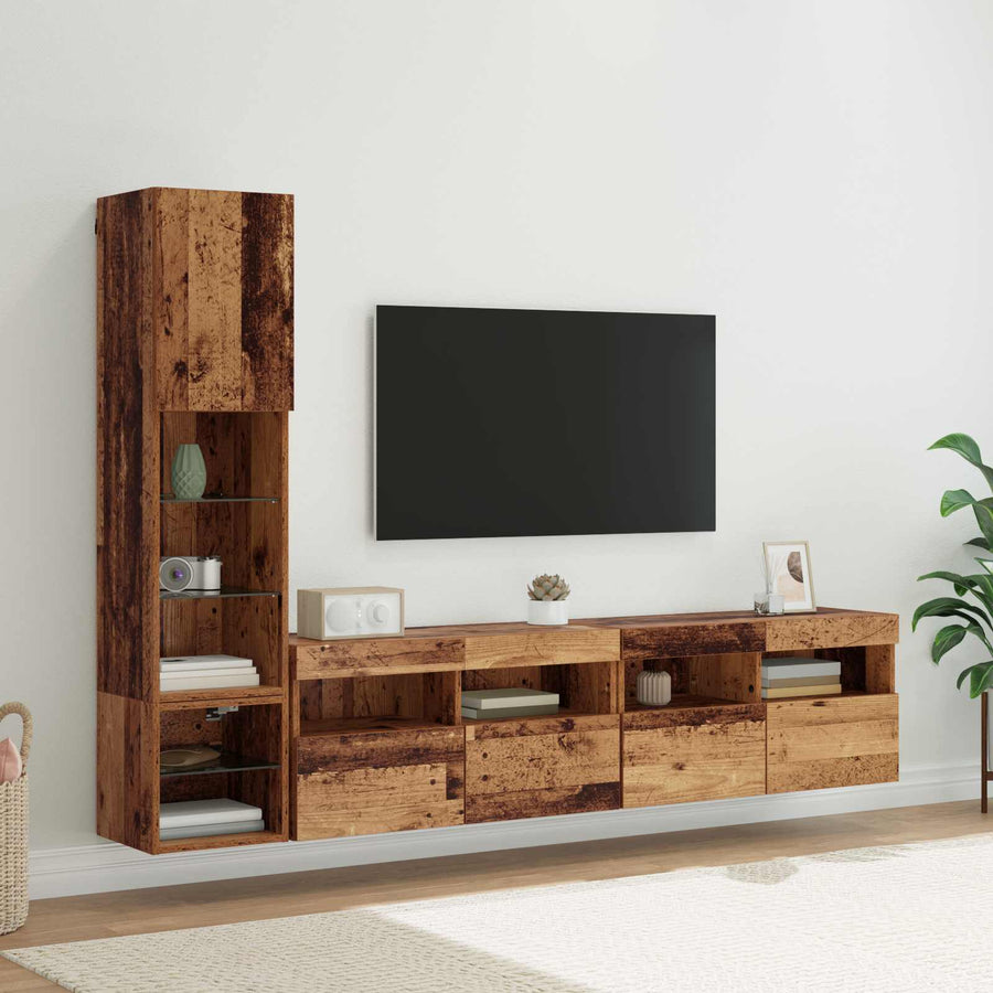 Tv-Wandmeubel Met Led-Striplichten 4 Pcs Oudhout Bewerkt Hout