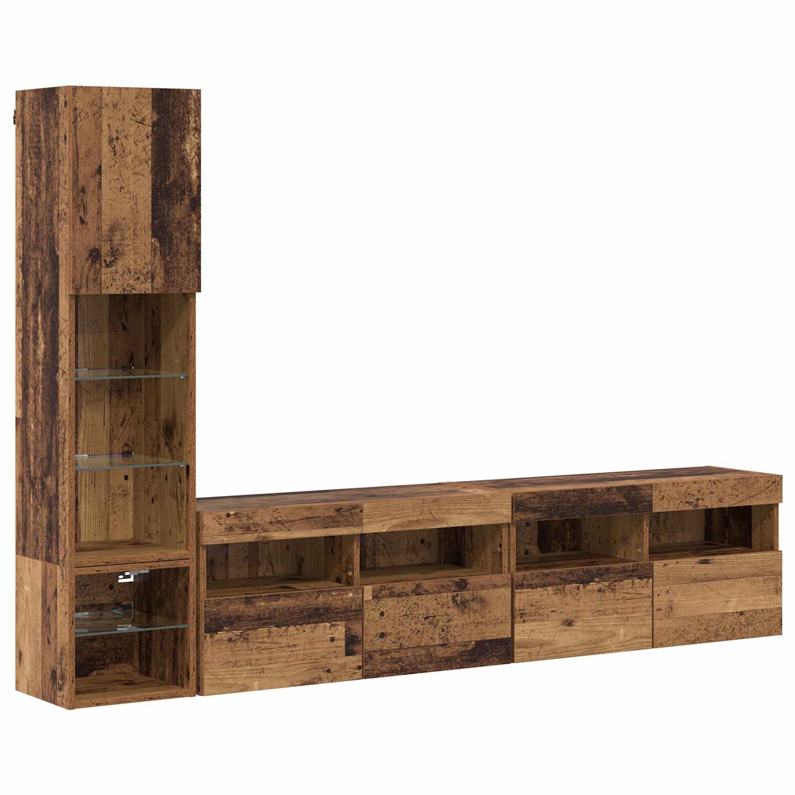 Tv-Wandmeubel Met Led-Striplichten 4 Pcs Oudhout Bewerkt Hout