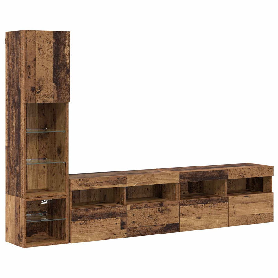 Tv-Wandmeubel Met Led-Striplichten 4 Pcs Oudhout Bewerkt Hout