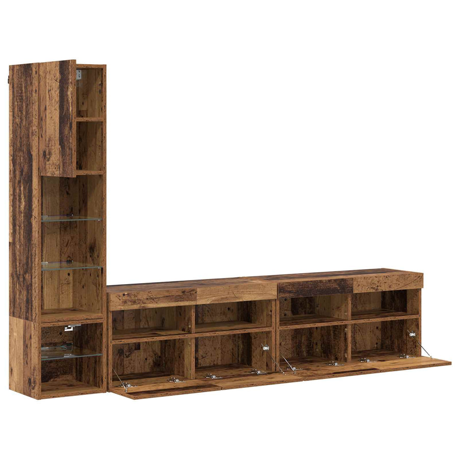 Tv-Wandmeubel Met Led-Striplichten 4 Pcs Oudhout Bewerkt Hout
