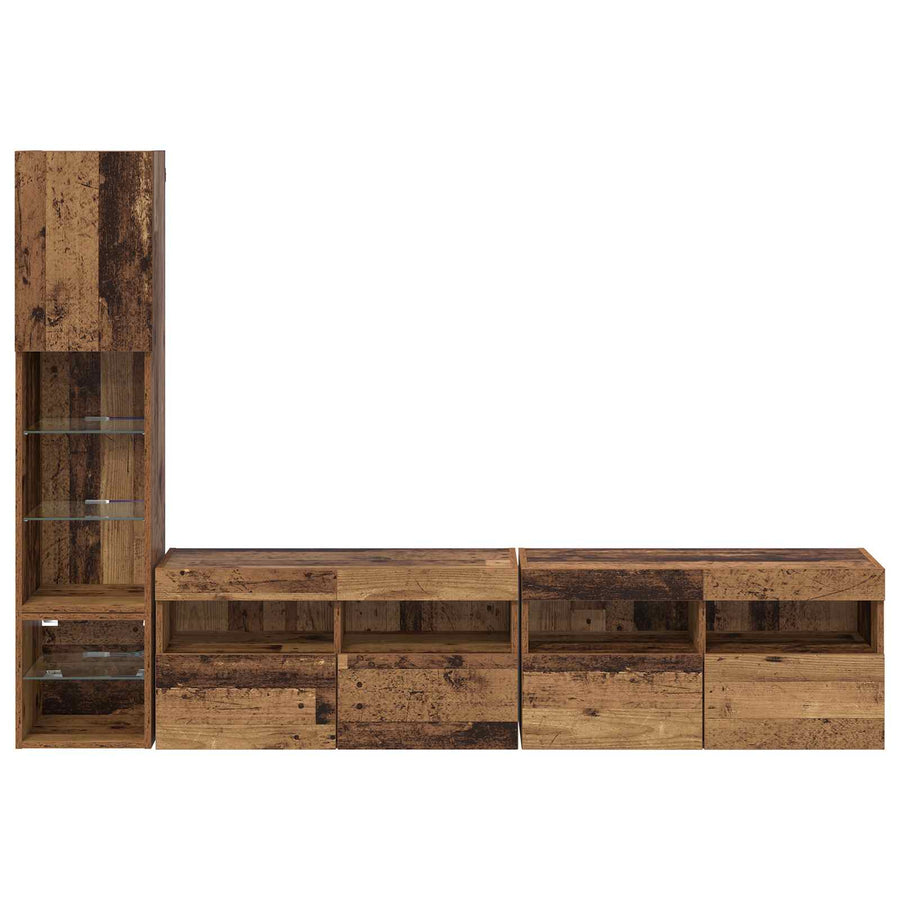 Tv-Wandmeubel Met Led-Striplichten 4 Pcs Oudhout Bewerkt Hout