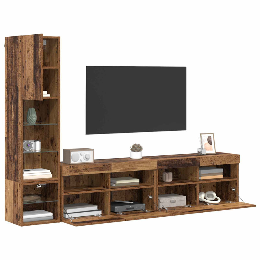 Tv-Wandmeubel Met Led-Striplichten 4 Pcs Oudhout Bewerkt Hout